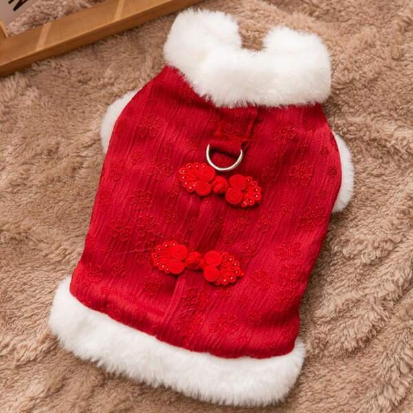 New Cat & Dog Red Chinese New Year Vest Clothes, Cute Warm Cheongsam Style, Anti-Shedding, Festive Pet Costume For Autumn/Winter