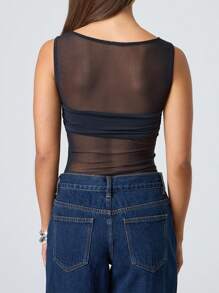 Women Sheer Mesh Tank Top Sexy See Through Sleeveless Ruched Front Vests Shirts Slim Fit Camisole Crop Tops Layering Undershirt Summer Y2k Going Out Cami Tops Club Streetwear - 黑色 - 查看 2