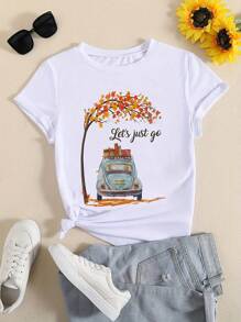 Happy Valentine'S Day Women's Let's Just Go Beetle CarUnder Autumn Tree T-Shirt, Women's 220g Round Neck Casual Heavy Pure Cotton T-Shirt (1 PC) - trắng - Xem 1
