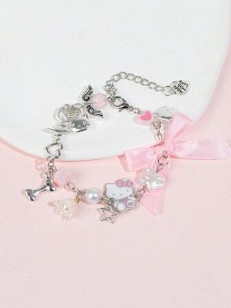 Sanrio 1pc Pink Bow Hello Kitty Pendant Silver Chain Bracelet, Suitable For Women's Daily Wear