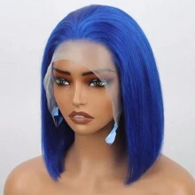 Short Bob Blue Colored 13X4 Lace Part Transparent Lace Peruvian Virgin Hair Wig For Women Really Human Wig Straight Wig For Women Halloween Costumes