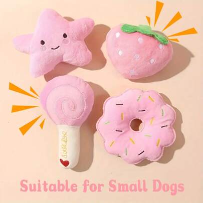 4 件套毛绒吱吱宠物玩具套装，适合小型犬和猫 - 棒棒糖、星星、甜甜圈和草莓图案 - 互动游戏和睡眠伴侣，狗狗宠物玩具，狗狗咀嚼玩具，互动用品