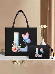 Color Gradient Butterfly Flower Letter A-Z Pattern Tote And Cosmetic Bag Set, Casual Style, Fabric Structure - Black - View 34