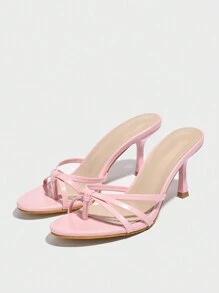 春夏女士高跟踝带凉鞋，尖头，透气PU材质，性感派对鞋，粉色 - 粉色 - 查看 4