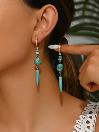 2pcs Elegant Green & Red Resin Water Drop With Small Stone Green Glass Bead Turquoise Pendant Earrings Design, Suitable For Women's Holiday Party Wear. Please Note That Due To The Natural Materials, There May Be Slight Size, Color And Weight Differences From The Official Images.