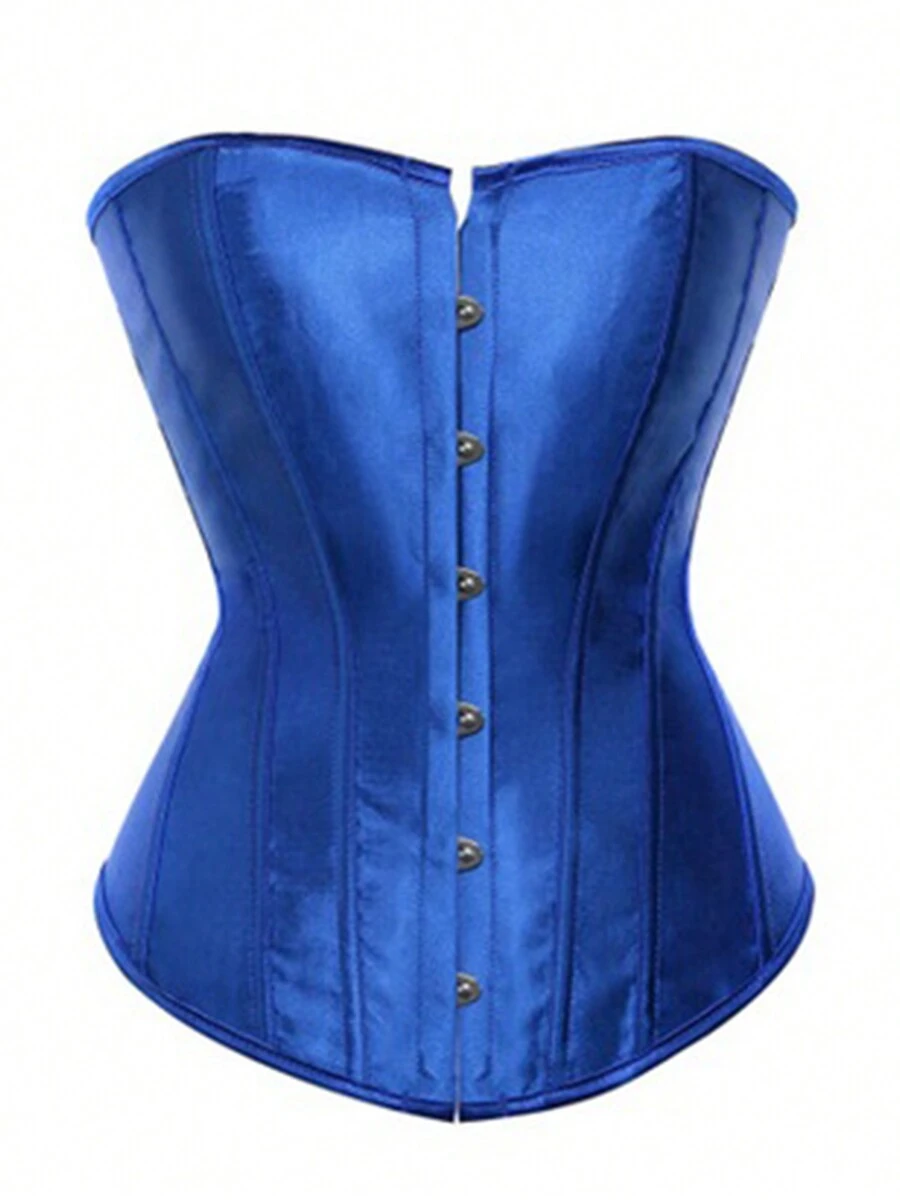 Satin Sexy Strong Boned Corset Lace Up Overbust Waist Cincher Bustier Bodyshaper Top - 藍色 - 查看 1
