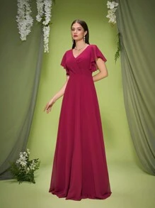 Mgiacy New Arrival V Neck Elegant Bridesmaid Dress Ruched Short Sleeve Chiffon Long Dress - Red Violet - View 5