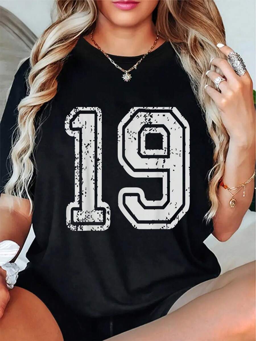 100% Cotton Team Jersey Uniforms Number 19 School Sports 19th Birthday T-Shirt - 黑色 - 查看 1