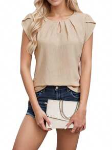 SANOPY Stylish Women's Round Neck Short Petal Sleeve Blouse Featuring Keyhole And Plicated Details In Plain Beige Polyester For Casual Wear - 米色 - 查看 5
