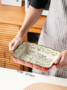 Loyang Keramik Motif Bunga Vintage Merah yang Dilukis Tangan dengan Pegangan, Peralatan Masak Persegi untuk Dapur, Cocok untuk Salad, BBQ, Ayam Panggang, Kue, dan Pizza, Aman untuk Oven dan Microwave - Merah - View 9