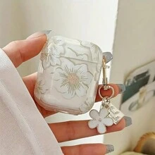 花朵图案时尚白色无线耳机保护套，兼容 第四代（1/2/3/Pro/Pro2），带钥匙扣挂件，透明保护壳 - 防震柔软超薄无线耳机保护套，送朋友的礼物 - 花朵耳機套+白花手鍊 - 查看 4