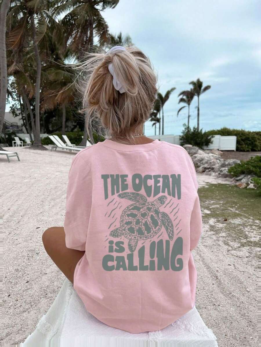 1件女童休闲海龟印花圆领短袖T恤,夏季学生少女服装 - 时尚图案T恤,适合日常冒险 - 粉色 - 查看 1