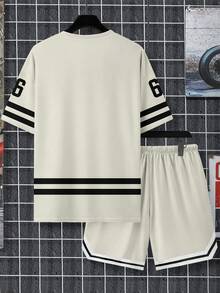 Bộ áo thun ngắn tay và quần short nam phối màu tương phản, in số, thích hợp cho mùa hè. - Nhiều màu - Xem 4