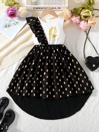 女童荷叶边半袖数码印花新月金箔下摆时尚连衣裙