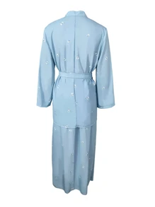 2pcs Set Elegant Women's Fashion Personalized Long Sleeve Retro Printed Satin V-Neck Dress Suit, Retro Top & Skirt