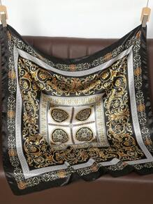 1条女士复古印花头巾，缎面质感，适合夏季日常及派对场合搭配连衣裙 - 黑金 - 查看 4