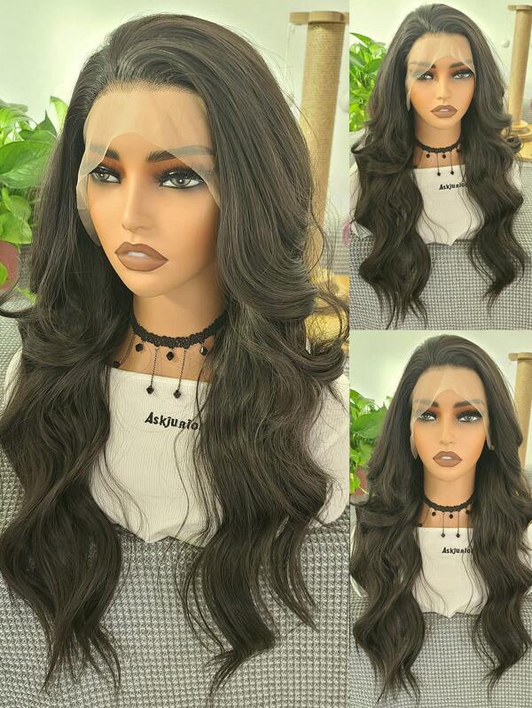 websterwigs باروكة أمامية من ألياف اصطناعية مقاومة للحرارة بلون أسود بني، طول 26 بوصة، متموجة وناعمة، خط شعر منزوع مسبقًا مناسبة للنساء للكوسبلاي والحفلات والاستخدام اليومي