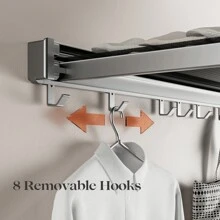 Extendable Clothes Rack, Wall-Mounted Clothes Rack Made Of Space Aluminum With Drying Net, Wall-Mounted Clothes Dryer With Hooks - 灰色 - 查看 3
