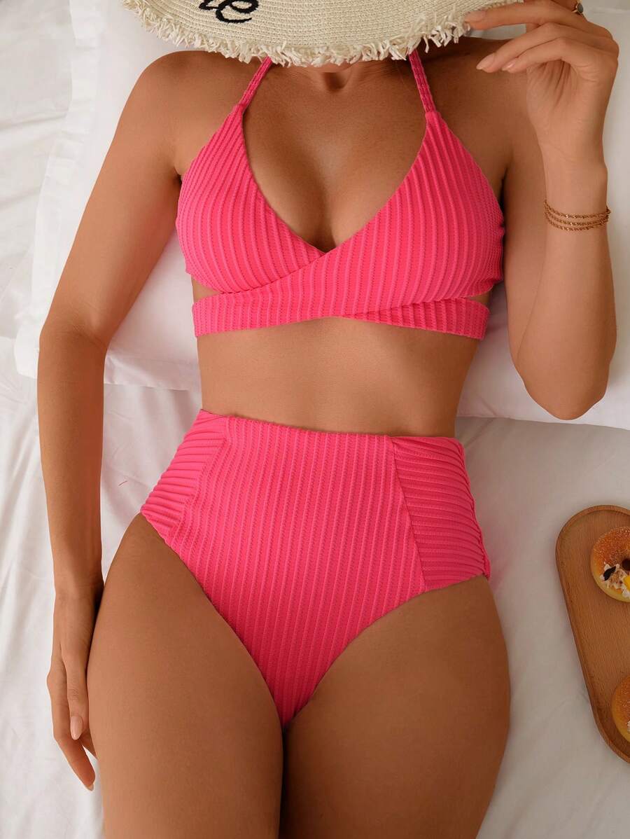 Women's Magenta Criss-Cross Front Bandeau Elegant Romantic Summer Beach Swimming Vacation Bikini Set