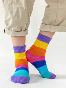 10 Pairs Girls' Rainbow Pattern Knitted Socks, Comfortable Breathable Soft Crew Socks, Suitable For Outdoor Wear