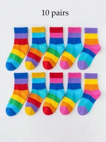 10 Pairs Girls' Rainbow Pattern Knitted Socks, Comfortable Breathable Soft Crew Socks, Suitable For Outdoor Wear