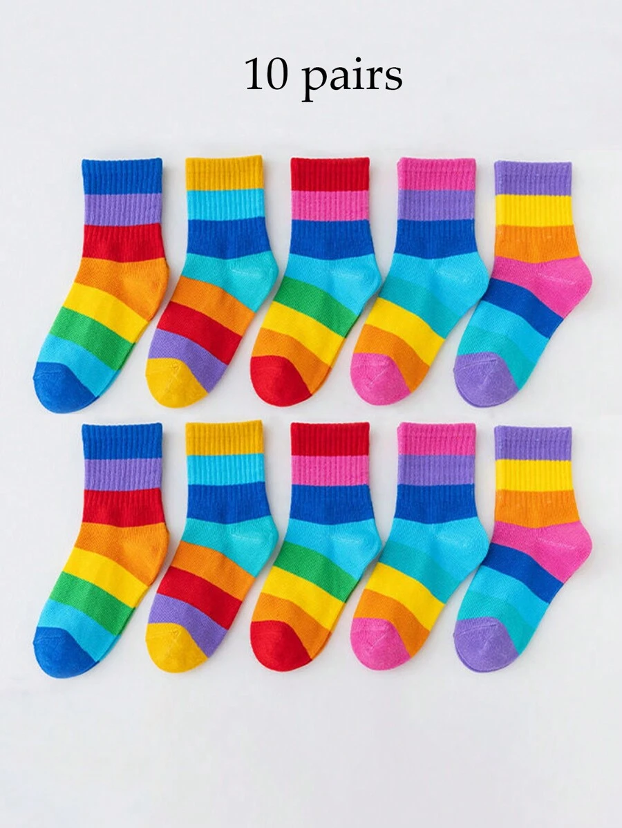 10 Pairs Girls' Rainbow Pattern Knitted Socks, Comfortable Breathable Soft Crew Socks, Suitable For Outdoor Wear