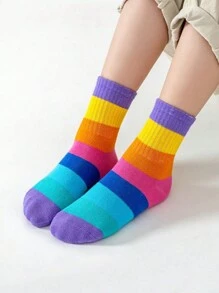 10 Pairs Girls' Rainbow Pattern Knitted Socks, Comfortable Breathable Soft Crew Socks, Suitable For Outdoor Wear