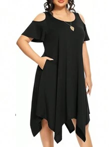 Vestido de punto de manga corta con hombros abiertos, bajo asimétrico y bolsillos ocultos laterales en tallas grandes