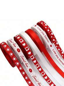 5 件情人节红丝带爱心印花适用于情人节婚礼礼品包装丝带 DIY 工艺品发饰、礼品包装胶带适用于派对、节日、情人节 - 彩色 - 查看 2