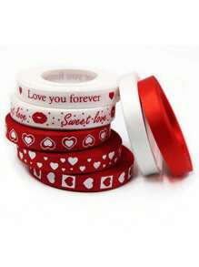 5 件情人节红丝带爱心印花适用于情人节婚礼礼品包装丝带 DIY 工艺品发饰、礼品包装胶带适用于派对、节日、情人节 - 彩色 - 查看 1
