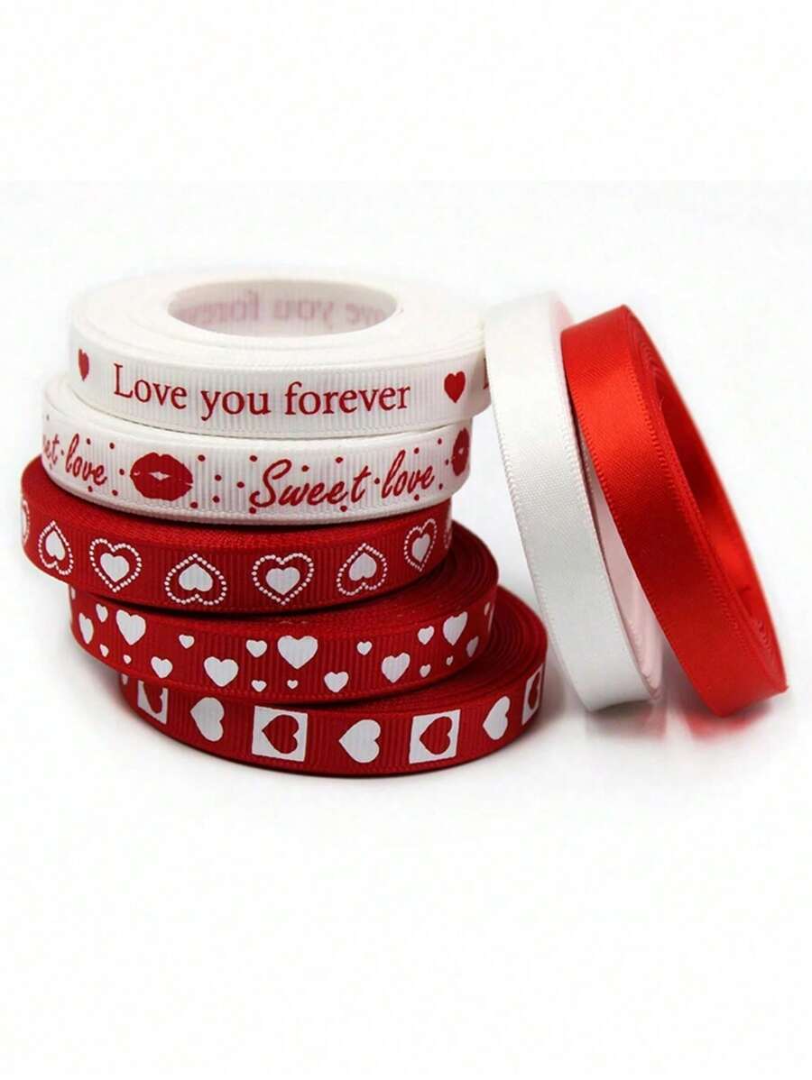 5 件情人节红丝带爱心印花适用于情人节婚礼礼品包装丝带 DIY 工艺品发饰、礼品包装胶带适用于派对、节日、情人节 - 彩色 - 查看 1