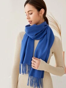 1条女士纯色仿羊绒围巾，带流苏，柔软仿羊毛披肩，优雅简约，适合日常佩戴、各种场合，春、夏、秋、冬四季皆可搭配连衣裙。