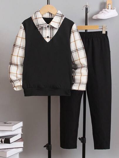 2 Pieces Tween Boy Fashion Plaid Patchwork Casual Long Sleeve Top And Black Pants Set, Spring/Autumn, Sizes 2025
