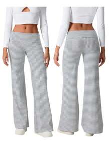 Women Elastic Wide Leg Pants Casual Cute Striped Print Folded Waist Trousers For Work Office Streetwear - Light Grey - View 3