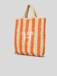 Spring And Summer Striped Handmade Straw Bag Women Embroidery Letter Beach Holiday Shoulder Bag Clashing Colours Paper Woven Small Handbag (Pendant Not Included)
