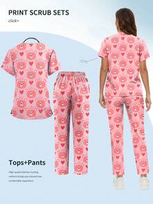Surgical Print Tops Hot Nurse Uniform Women Short Sleeve V Neck Working Uniform Blouse Uniforms Nursing Scrubs Tops+Pants Sets - Multicolor - View 2