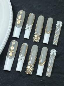 10 件手工假指甲按压指甲、长棺材指甲、婚礼指甲、白色情人节指甲、亚克力指甲套装 3D 水钻闪光人造宝石、心形、Y2K、Xxoo、法式尖头指甲设计美甲适合日常佩戴 DIY 美容礼物 - 彩色 - 查看 3