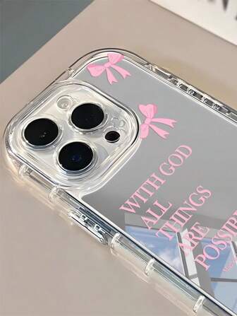 1pc Minimalist Pink Girl Style Bowknot Religious Slogan Pattern Transparent Mirror Soft Phone Case, Compatible With IPhone 11/12/13/14/15/16 Pro Max Waterproof Shockproof Anti-Fall Scratch Resistant