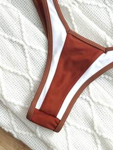 Colorblock Contrast Binding Bikini Swimsuit Summer Patchwork Sexy V-Bar Bathing Suit Women, Smaller Size