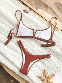 Colorblock Contrast Binding Bikini Swimsuit Summer Patchwork Sexy V-Bar Bathing Suit Women, Smaller Size