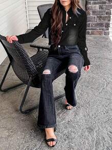 Women's Spring Long Sleeved Denim Shirt With Button Down Shirt, Business Casual Top - 黑色 - 查看 5