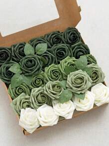 25 Peças Rosas Artificiais, Conjunto de Rosas Artificiais Verde Floresta em Gradiente - Conjunto de Buquê de Casamento DIY, Adequado para Casamento, Bolo, Decoração de Mesa de Festa
