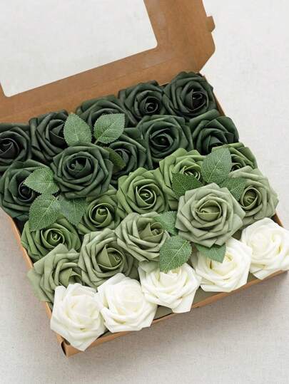 25pcs Artificial Roses, Forest Green Gradient Artificial Rose Set - DIY Wedding Bouquet Set, Suitable For Wedding, Cake, Party Desktop Decoration Gifts Birthday Graduation