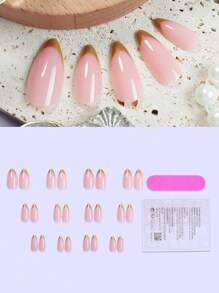 24 szt. średniej długości, migdałowe, dociskane sztuczne paznokcie, złote, francuskie końcówki, luksusowy i elegancki styl, błyszczące, pełne pokrycie, dla kobiet, dziewcząt, sztuczne paznokcie, panie, imprezy, randki, artykuły do paznokci, sztuka