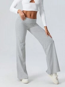 Women Elastic Wide Leg Pants Casual Cute Striped Print Folded Waist Trousers For Work Office Streetwear - Light Grey - View 7