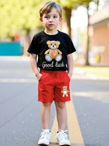 2 pièces/set t-shirt à manches courtes et shorts d'été pour tout-petits garçons, avec imprimé de lettre porte-bonheur et d'ours, tenues décontractées mignonnes