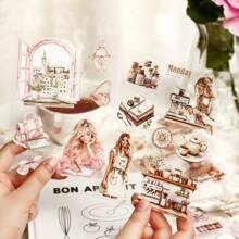 have a good day 1 本书 20 张各种女孩和生活场景主题 PET 贴纸书创意日记 DIY 拼贴卡片材料手工制作手账设计剪贴簿办公和学校用品、学校用品、返校