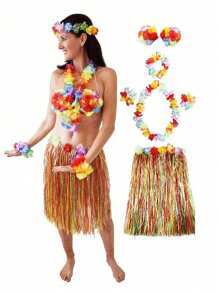 Set de 6 piezas Collar de guirnalda de Hawái, Set de falda de paja de fiesta tropical hawaiana, Flores de hibisco tropicales para fiestas de piscina de verano y fiestas temáticas de Hawái, decoración de verano, decoración de fiesta, y suministros, decoraciones de boda de playa de cumpleaños, suministros de fiesta de leis hawaianos