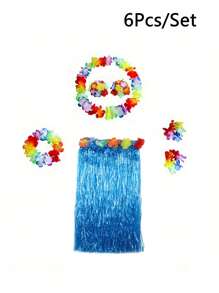 Set de 6 piezas Collar de guirnalda de Hawái, Set de falda de paja de fiesta tropical hawaiana, Flores de hibisco tropicales para fiestas de piscina de verano y fiestas temáticas de Hawái, decoración de verano, decoración de fiesta, y suministros, decoraciones de boda de playa de cumpleaños, suministros de fiesta de leis hawaianos