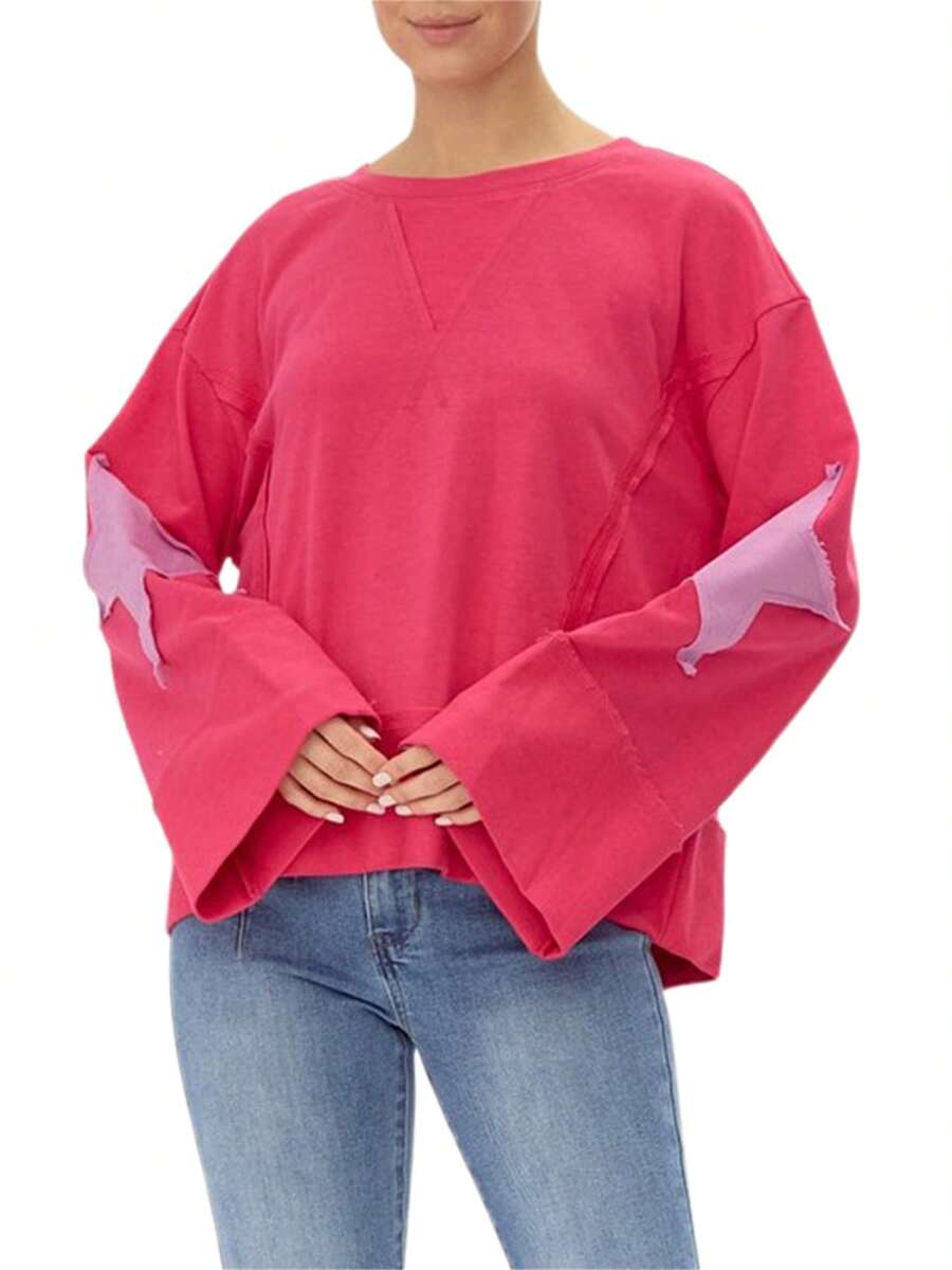 Womens Casual Sweatshirts Long Sleeve Round Neck Star Patchwork Pullovers Oversized Tops